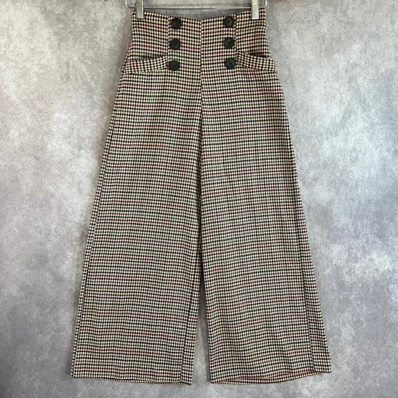 Zara Plaid Wide Leg Trousers Womens XS Brown High Waist Button Detail Check - Picture 2 of 11
